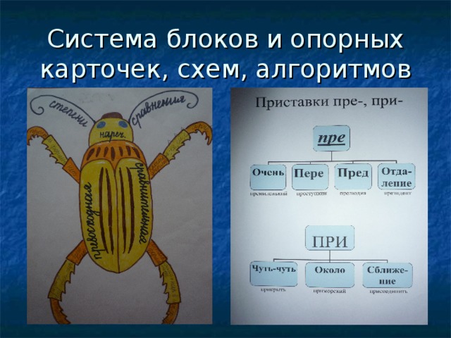 Система блоков и опорных карточек, схем, алгоритмов 