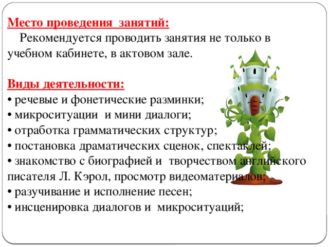 Место проведения занятий:  Рекомендуется проводить занятия не только в учебном кабинете, в актовом зале. Виды деятельности: • речевые и фонетические разминки; • микроситуации и мини диалоги; • отработка грамматических структур; • постановка драматических сценок, спектаклей; • знакомство с биографией и творчеством английского писателя Л. Кэрол, просмотр видеоматериалов; • разучивание и исполнение песен; • инсценировка диалогов и микроситуаций; 