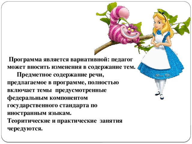  Программа является вариативной: педагог может вносить изменения в содержание тем.  Предметное содержание речи, предлагаемое в программе, полностью включает темы предусмотренные федеральным компонентом государственного стандарта по иностранным языкам. Теоритические и практические занятия чередуются. 