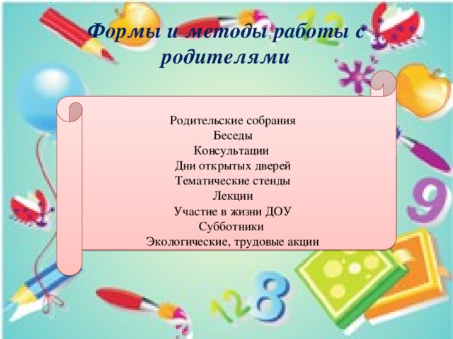 Формы и методы работы с родителями Родительские собрания Беседы Консультации Дни открытых дверей Тематические стенды Лекции Участие в жизни ДОУ Субботники Экологические, трудовые акции 