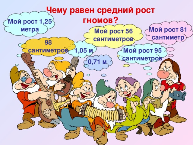 Чему равен средний рост гномов? Мой рост 1,25 метра Мой рост 81 сантиметр Мой рост 56 сантиметров 98 сантиметров 1,05 м Мой рост 95 сантиметров 0,71 м 