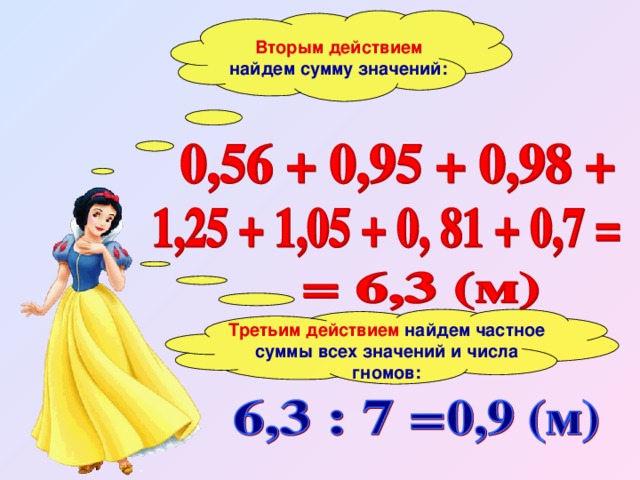 Вторым действием найдем сумму значений: Третьим действием найдем частное суммы всех значений и числа гномов: 