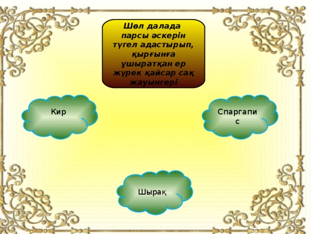 Шөл далада парсы әскерін түгел адастырып, қырғынға ұшыратқан ер жүрек қайсар сақ жауынгері Спаргапис  Кир Шырақ 