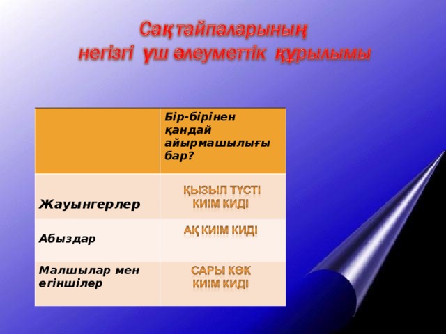  Бір-бірінен қандай айырмашылығы бар? Жауынгерлер Абыздар Малшылар мен егіншілер 