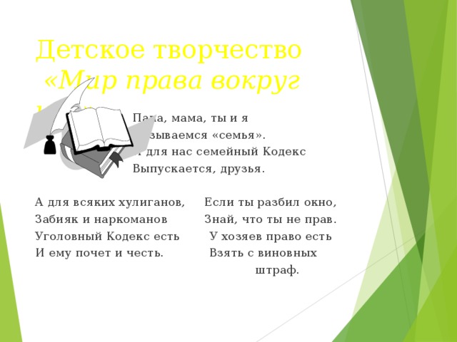 Детское творчество   «Мир права вокруг нас»  Папа, мама, ты и я  Называемся «семья».  И для нас семейный Кодекс  Выпускается, друзья. А для всяких хулиганов, Если ты разбил окно, Забияк и наркоманов Знай, что ты не прав. Уголовный Кодекс есть У хозяев право есть И ему почет и честь. Взять с виновных  штраф. 