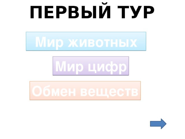 ПЕРВЫЙ ТУР   Мир животных Мир цифр Обмен веществ 