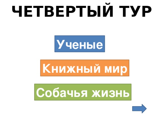 ЧЕТВЕРТЫЙ ТУР   Ученые Книжный мир Собачья жизнь 