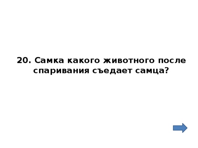 20. Самка какого животного после спаривания съедает самца? 