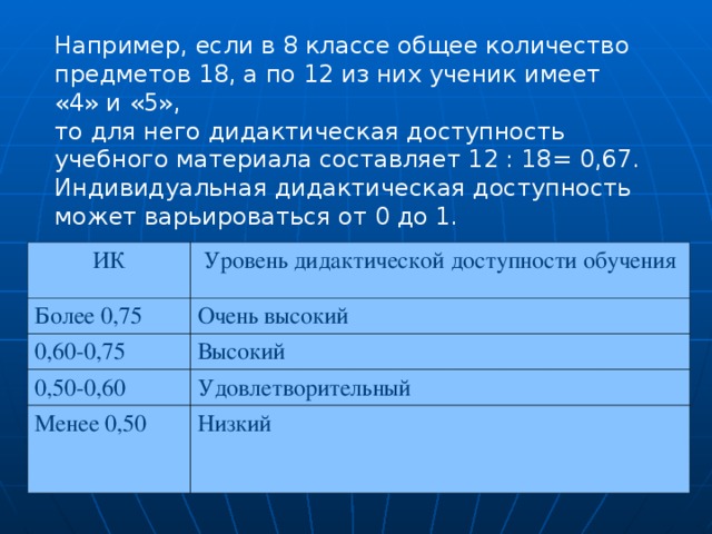 Например, если в 8 классе общее количество предметов 18, а по 12 из них ученик имеет «4» и «5», то для него дидактическая доступность учебного материала составляет 12 : 18= 0,67. Индивидуальная дидактическая доступность может варьироваться от 0 до 1. ИК Более 0,75 Уровень дидактической доступности обучения 0,60-0,75 Очень высокий Высокий 0,50-0,60 Менее 0,50 Удовлетворительный Низкий   