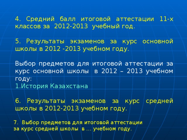 4. Средний балл итоговой аттестации 11-х классов за  2012-2013 учебный год. 5. Результаты экзаменов за курс основной школы в 2012 -2013 учебном году. Выбор предметов для итоговой аттестации за курс основной школы  в 2012 – 2013 учебном году: История Казахстана 6. Результаты экзаменов за курс средней школы в 2012-2013 учебном году. 7. Выбор предметов для итоговой аттестации за курс средней школы  в … учебном году. 