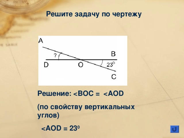 Решите задачу по чертежу Решение: (по свойству вертикальных углов)  