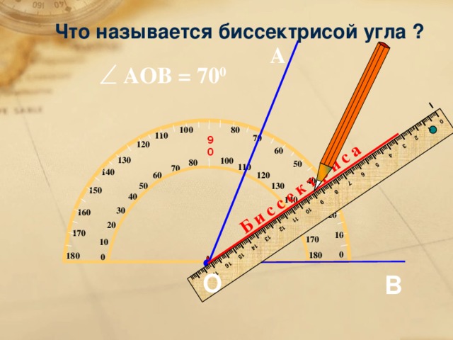 Б и с с е к т р и с а I IIII I IIII I IIII I IIII I IIII I IIII I IIII I IIII I IIII I IIII I IIII I IIII I IIII I IIII I IIII I IIII I IIII I IIII I IIII I IIII I IIII I IIII I IIII I IIII I IIII I IIII I IIII I IIII I IIII I IIII I IIII I IIII I IIII I IIII I 0 1 2 3 4 5 6 7 8 9 10 11 12 13 14 15 16 17 Что называется биссектрисой угла ? А АOB = 70 0 100 80 110 70 90 120 60 130 100 80 50 110 70 140 60 120 40 50 130 150 40 30 140 30 160 150 20 160 20 170 10 170 10 0 180  180 0 O B 