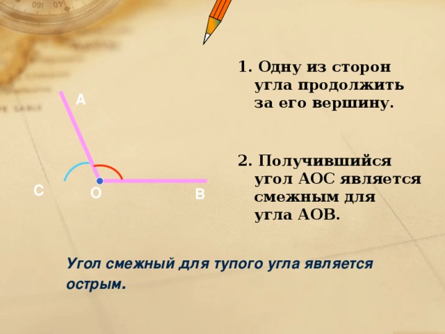 1. Одну из сторон угла продолжить за его вершину.  2. Получившийся угол АОС является смежным для угла АОВ. А С О В Угол смежный для тупого угла является острым . 