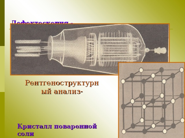   Дефектоскопия -  метод обнаружения раковин  в отливках, трещин в рельсах и т. д .   Рентгеноструктурный анализ-   Кристалл поваренной соли 