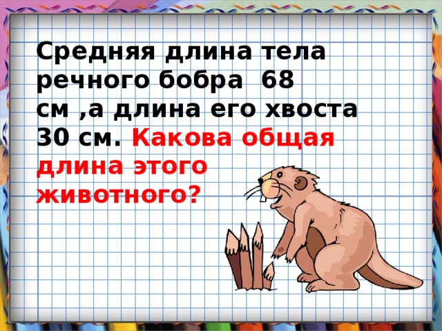 Средняя длина тела речного бобра 68 см ,а длина его хвоста 30 см. Какова общая длина этого животного?