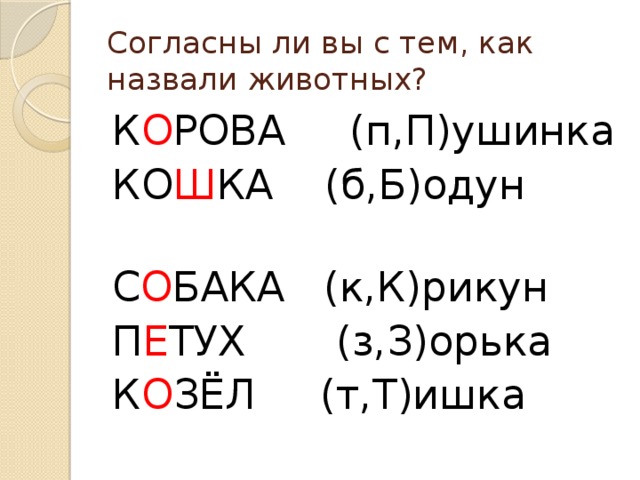 Согласны ли вы с тем, как назвали животных? К О РОВА (п,П)ушинка КО Ш КА (б,Б)одун С О БАКА (к,К)рикун П Е ТУХ (з,З)орька К О ЗЁЛ (т,Т)ишка 