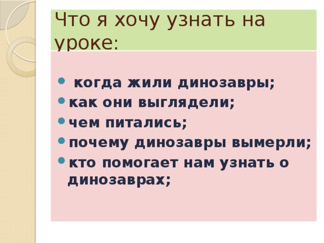 Что я хочу узнать на уроке:  когда жили динозавры; как они выглядели; чем питались; почему динозавры вымерли; кто помогает нам узнать о динозаврах; 