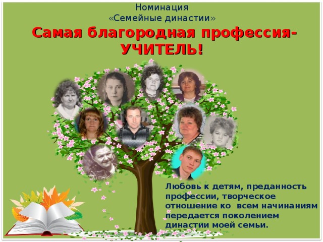Номинация  «Семейные династии»   Самая благородная профессия-УЧИТЕЛЬ!   Любовь к детям, преданность профессии, творческое отношение ко всем начинаниям передается поколением династии моей семьи.