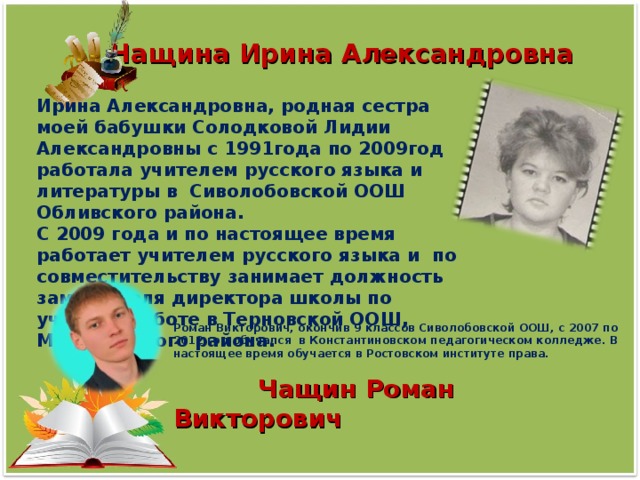 Чащина Ирина Александровна Ирина Александровна, родная сестра моей бабушки Солодковой Лидии Александровны с 1991года по 2009год работала учителем русского языка и литературы в Сиволобовской ООШ Обливского района. С 2009 года и по настоящее время работает учителем русского языка и по совместительству занимает должность заместителя директора школы по учебной работе в Терновской ООШ, Милютинского района.   Чащин Роман Викторович Роман Викторович, окончив 9 классов Сиволобовской ООШ, с 2007 по 2012 год обучался в Константиновском педагогическом колледже. В настоящее время обучается в Ростовском институте права.