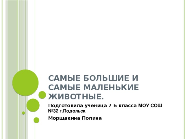 Самые большие и самые маленькие животные. Подготовила ученица 7 Б класса МОУ СОШ №32 г.Подольск Морщакина Полина 