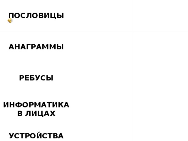 ПОСЛОВИЦЫ АНАГРАММЫ 100 200 100 РЕБУСЫ 300 200 100 ИНФОРМАТИКА В ЛИЦАХ 100 400 300 200 УСТРОЙСТВА КОМПЬЮТЕРА 100 300 200 400 300 200 400 400 300 400