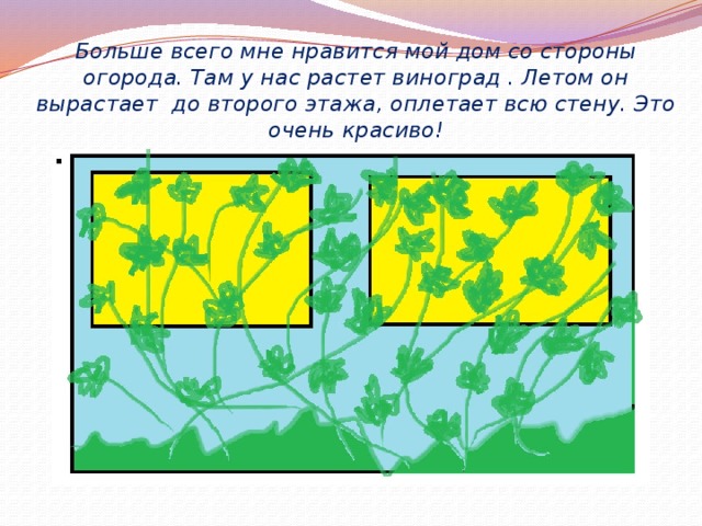 Больше всего мне нравится мой дом со стороны огорода. Там у нас растет виноград . Летом он вырастает до второго этажа, оплетает всю стену. Это очень красиво!