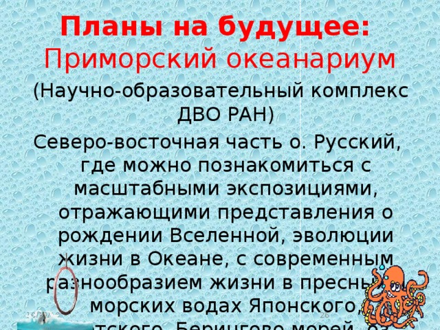 Планы на будущее:  Приморский океанариум  (Научно-образовательный комплекс ДВО РАН) Северо-восточная часть о. Русский, где можно познакомиться с масштабными экспозициями, отражающими представления о рождении Вселенной, эволюции жизни в Океане, с современным разнообразием жизни в пресных и морских водах Японского, Охотского, Берингово морей, оз. Байкал, Ханка, р. Амур 10/19/16  