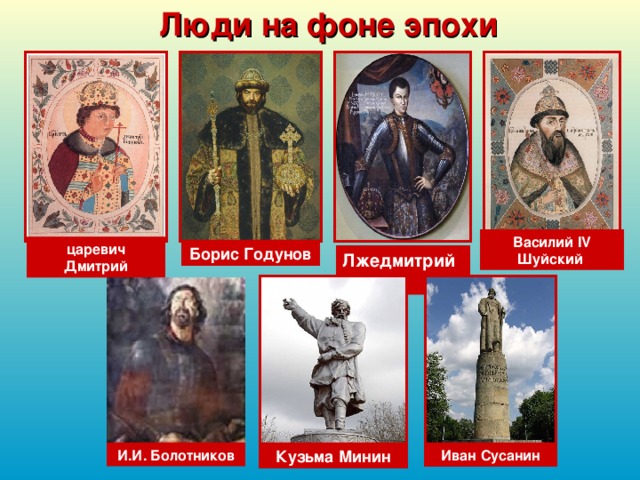 Люди на фоне эпохи Василий IV Шуйский  царевич Дмитрий Борис Годунов Лжедмитрий I Кузьма Минин И.И. Болотников Иван Сусанин