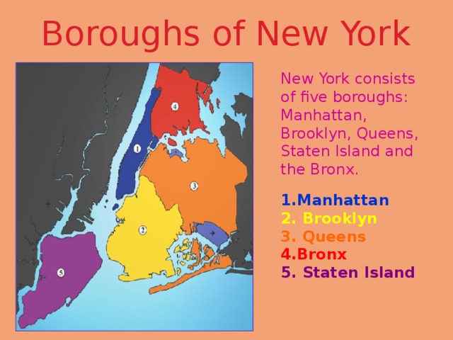 Boroughs of New York New York consists of five boroughs: Manhattan, Brooklyn, Queens, Staten Island and the Bronx. 1.Manhattan  2. Brooklyn 3. Queens  4.Bronx  5. Staten Island  
