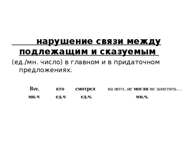  нарушение связи между подлежащим и сказуемым (ед./мн. число) в главном и в придаточном предложениях.   Все , кто смотрел на него, не могли не заметить…  мн.ч  ед.ч ед.ч.  мн.ч.   