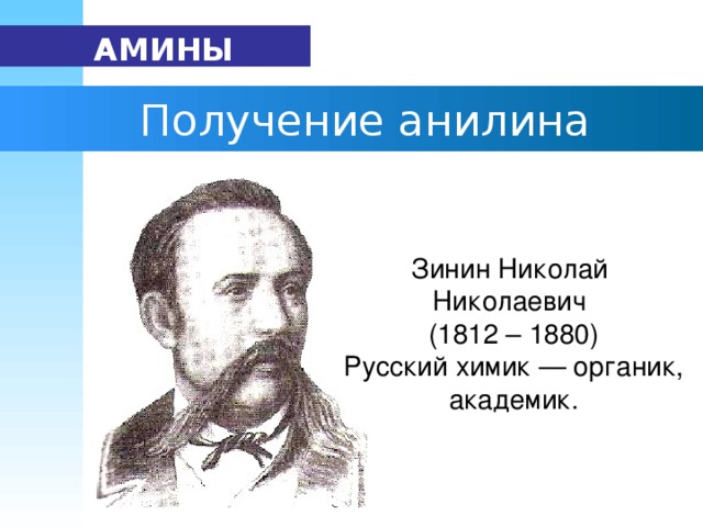 АМИНЫ   Получение анилина Зинин Николай Николаевич (1812 – 1880) Русский химик — органик, академик.