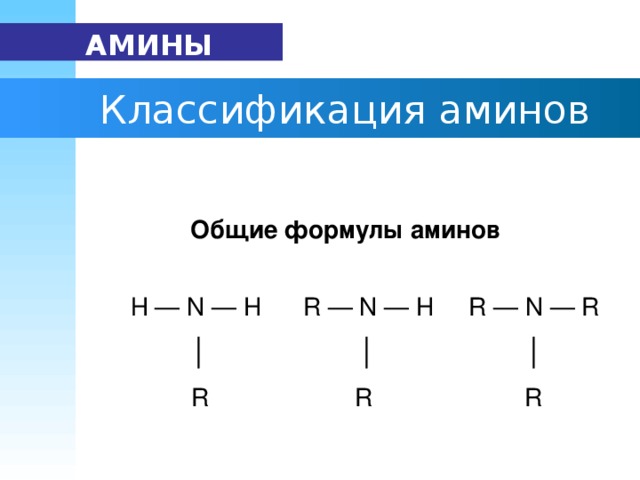 АМИНЫ  Классификация аминов Общие формулы аминов   Н — N — H R — N — H R — N — R   │ │   │   R R R