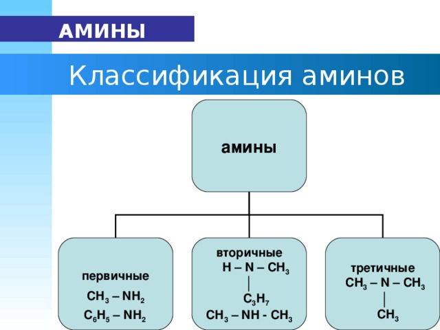 АМИНЫ  Классификация аминов амины первичные  СН 3 – N Н 2 вторичные  H – N – CH 3  │    С 3 Н 7 СН 3 – N Н - СН 3 третичные  CH 3 – N – CH 3 │  СН 3  С 6 Н 5 – N Н 2