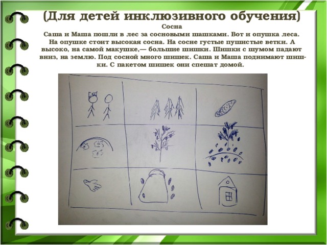   (Для детей инклюзивного обучения)  Сосна  Саша и Маша пошли в лес за сосновыми шашками. Вот и опушка леса. На опушке стоит высокая сосна. На сосне густые пушистые ветки. А высоко, на самой макушке,— большие шишки. Шишки с шумом падают вниз, на землю. Под сосной много шишек. Саша и Маша поднимают шиш­ки. С пакетом шишек они спешат домой.   