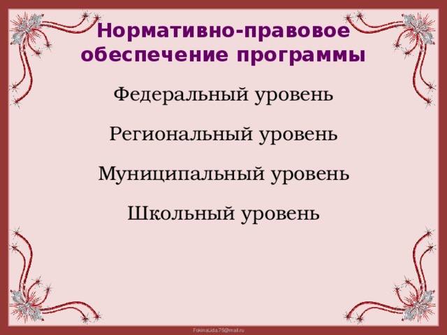 Нормативно-правовое обеспечение программы Федеральный уровень Региональный уровень Муниципальный уровень Школьный уровень 