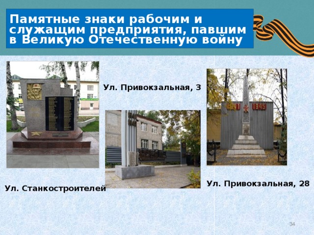 Памятные знаки рабочим и служащим предприятия, павшим в Великую Отечественную войну Ул. Привокзальная, 3 Ул. Привокзальная, 28 Ул. Станкостроителей 
