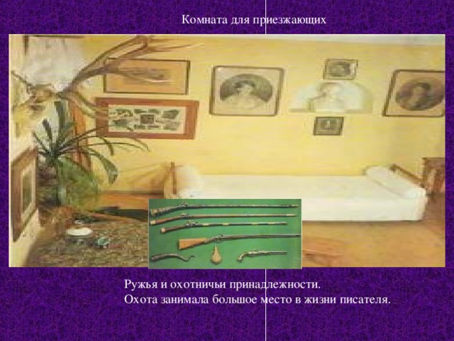 Комната для приезжающих Ружья и охотничьи принадлежности. Охота занимала большое место в жизни писателя. 