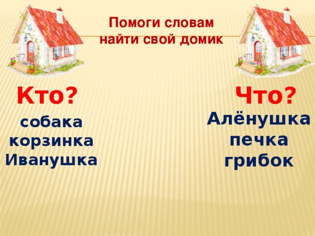 Помоги словам найти свой домик  Кто? Что? Алёнушка печка грибок   собака корзинка Иванушка  