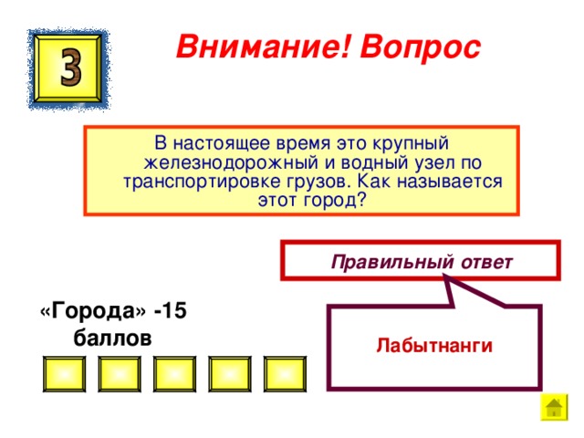  Лабытнанги Внимание ! Вопрос В настоящее время это крупный железнодорожный и водный узел по транспортировке грузов. Как называется этот город? Правильный ответ «Города» -15 баллов  