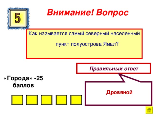  Дровяной Внимание ! Вопрос Как называется самый северный населенный пункт полуострова Ямал? Правильный ответ «Города» -25 баллов  