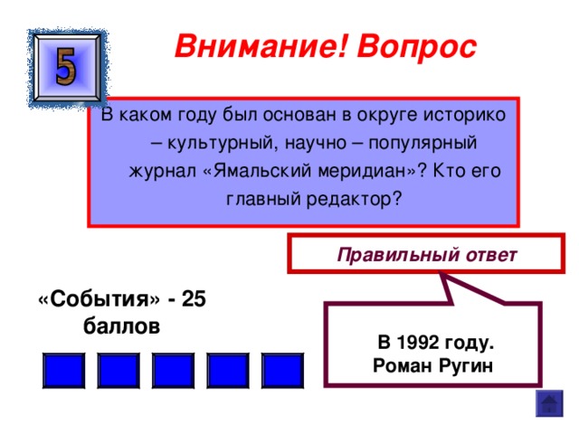   В 1992 году. Роман Ругин Внимание ! Вопрос В каком году был основан в округе историко – культурный, научно – популярный журнал «Ямальский меридиан»? Кто его главный редактор? Правильный ответ «События» - 25 баллов  