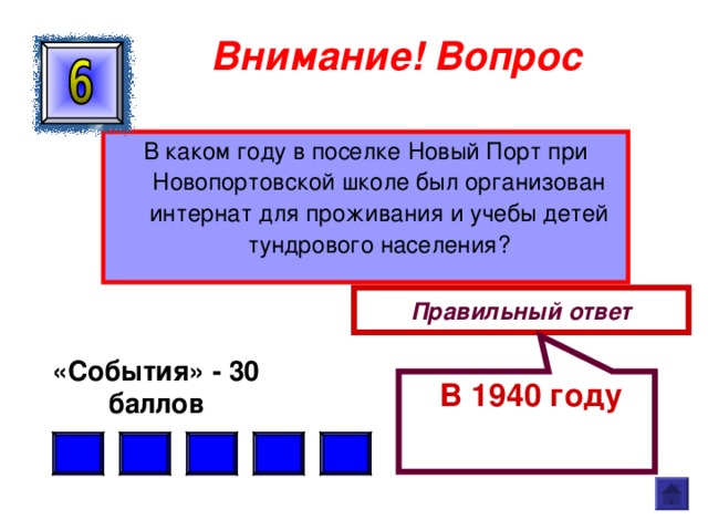   В 1940 году Внимание ! Вопрос В каком году в поселке Новый Порт при Новопортовской школе был организован интернат для проживания и учебы детей тундрового населения? Правильный ответ «События» - 30 баллов  