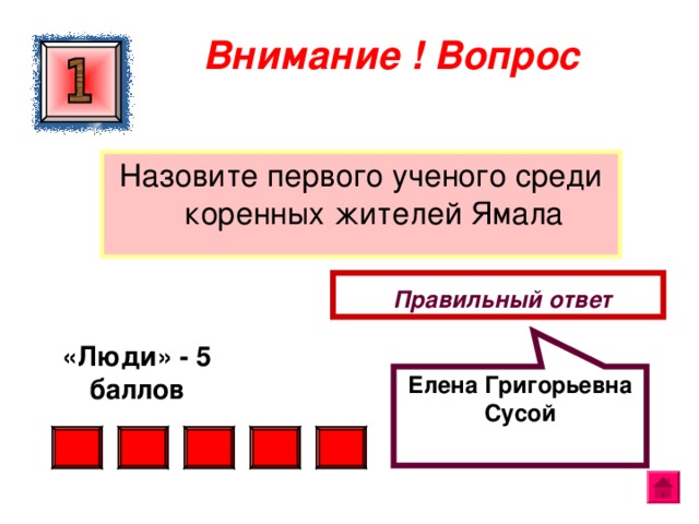 Елена Григорьевна Сусой Внимание ! Вопрос Назовите первого ученого среди коренных жителей Ямала  Правильный ответ «Люди» - 5 баллов  