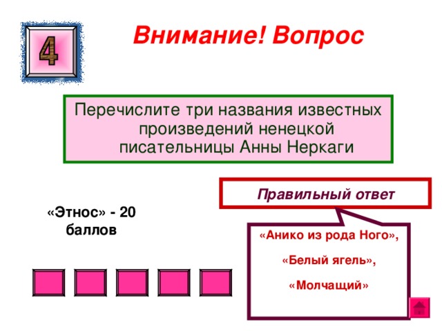 «Анико из рода Ного», «Белый ягель», «Молчащий» Внимание ! Вопрос Перечислите три названия известных произведений ненецкой писательницы Анны Неркаги Правильный ответ «Этнос» - 20 баллов  