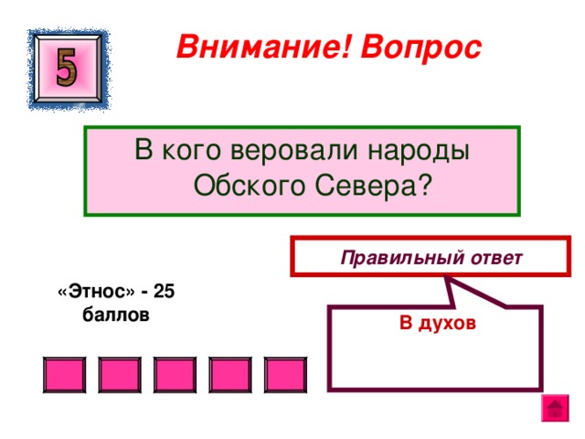  В духов Внимание ! Вопрос В кого веровали народы Обского Севера? Правильный ответ «Этнос» - 25 баллов  