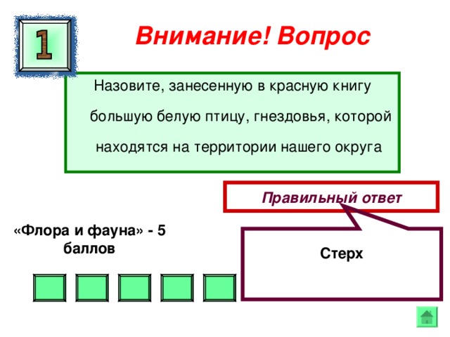  Стерх Внимание ! Вопрос Назовите, занесенную в красную книгу большую белую птицу, гнездовья, которой находятся на территории нашего округа Правильный ответ «Флора и фауна» - 5 баллов  