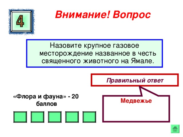 Медвежье Внимание ! Вопрос Назовите крупное газовое месторождение названное в честь священного животного на Ямале. Правильный ответ «Флора и фауна» - 20  баллов  