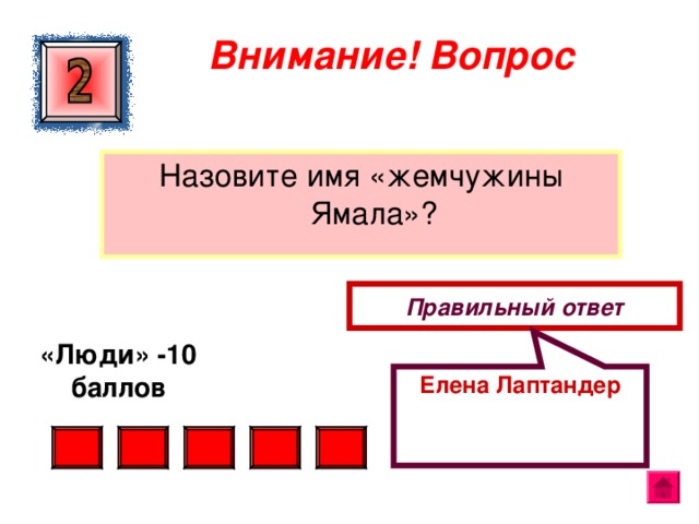 Елена Лаптандер  Внимание ! Вопрос Назовите имя «жемчужины Ямала»? Правильный ответ «Люди» -10 баллов   