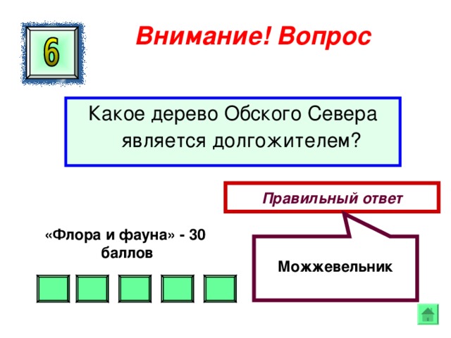  Можжевельник Внимание ! Вопрос Какое дерево Обского Севера является долгожителем? Правильный ответ «Флора и фауна» - 30  баллов  
