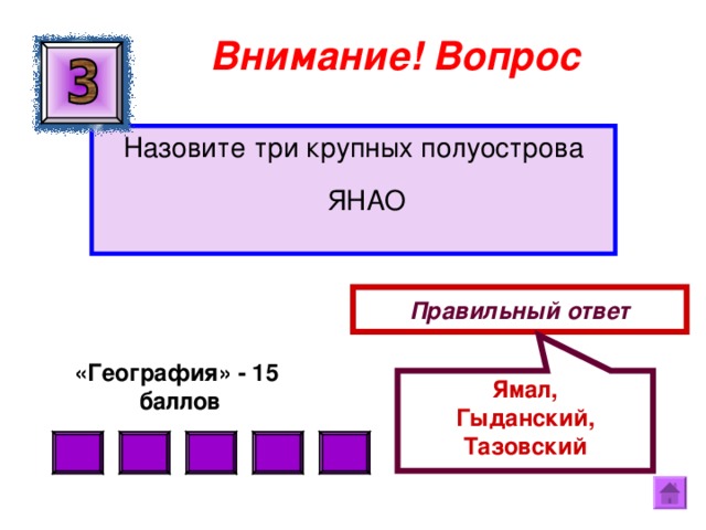 Ямал, Гыданский, Тазовский Внимание ! Вопрос Назовите три крупных полуострова ЯНАО Правильный ответ «География» - 15  баллов  